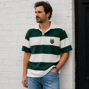 Hartwell Sports Rugby Polo Shirt Green White Striped USA Made Men’s XL Vintage